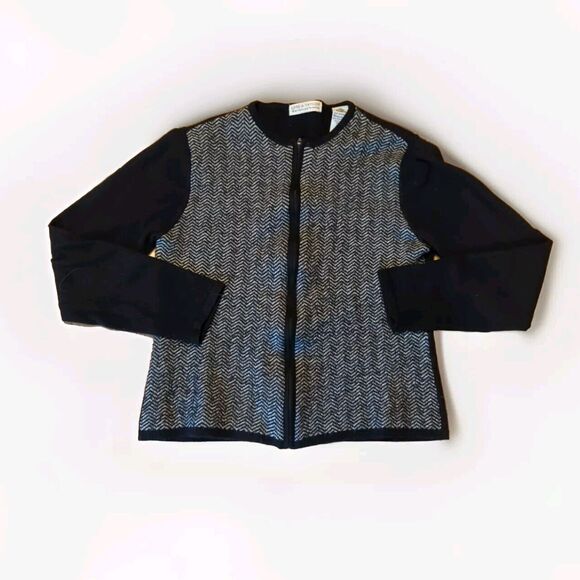 Lord & Taylor Cardigan Sweater Womens Petite Large Black White Full Zip Wool - Picture 1 of 8